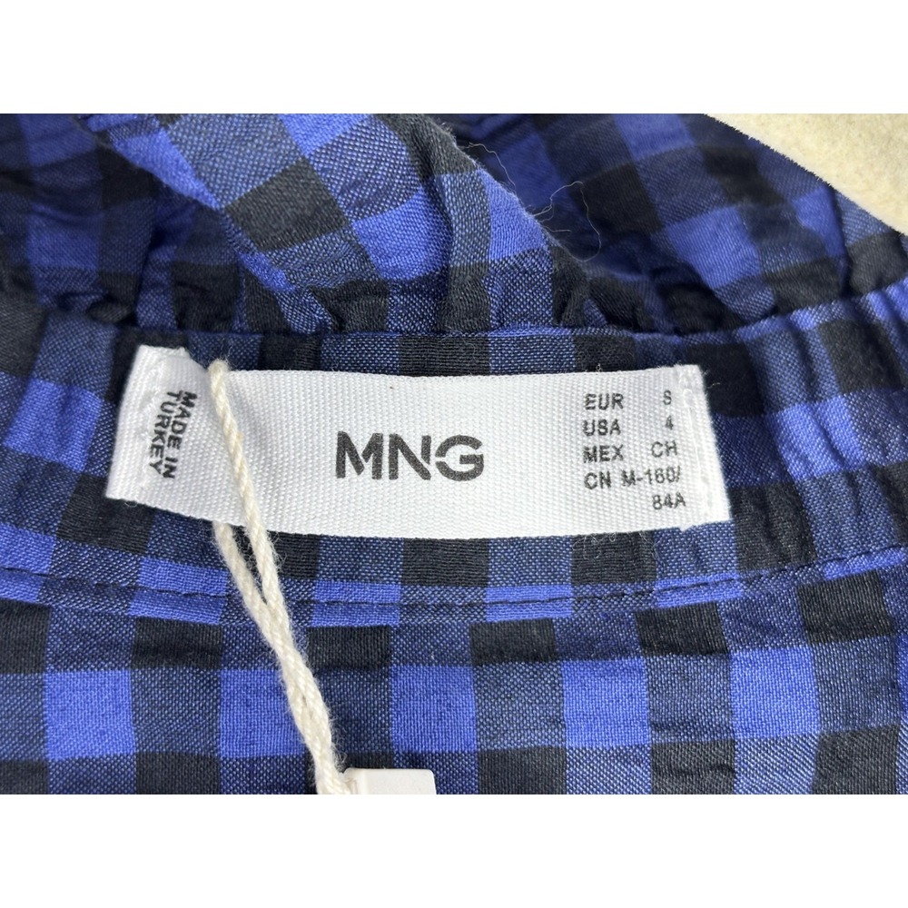Mango MNG Gingham Shirt L Blue Black Cotton Preppy Button Up NWT Classic - Picture 5 of 7